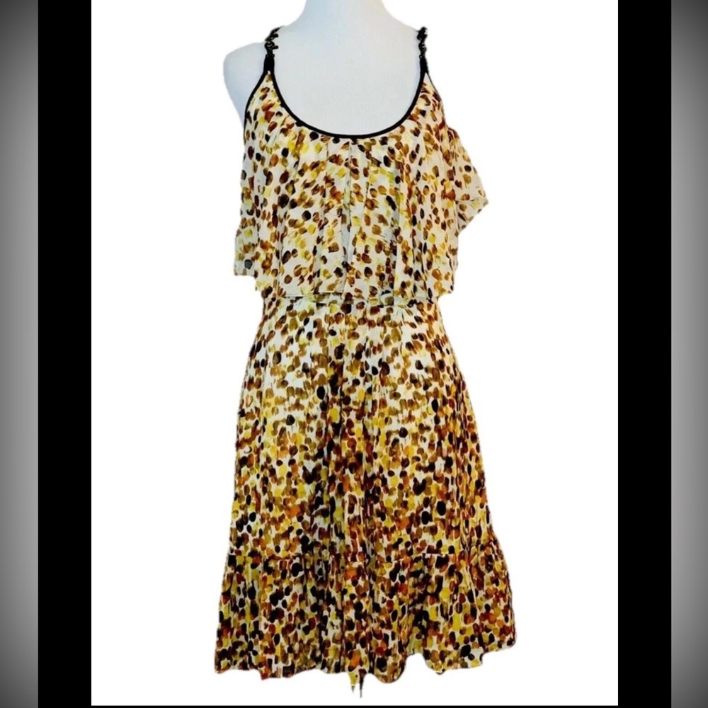 Cynthia Steffe Silk Abstract-Print Ruffle Dress in Neutral Brown and Cream. Sz 8